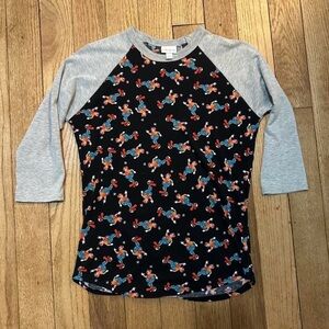 Lularoe Raglan Baseball Tee Black & Gray with Colorful Clown Novelty Print